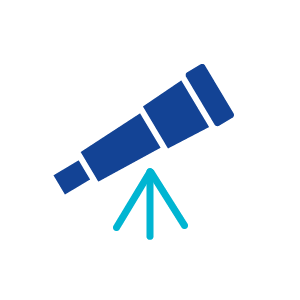 An icon of a blue telescope pointing to the right with a blue arrow underneath it, suggesting observation or searching for something.